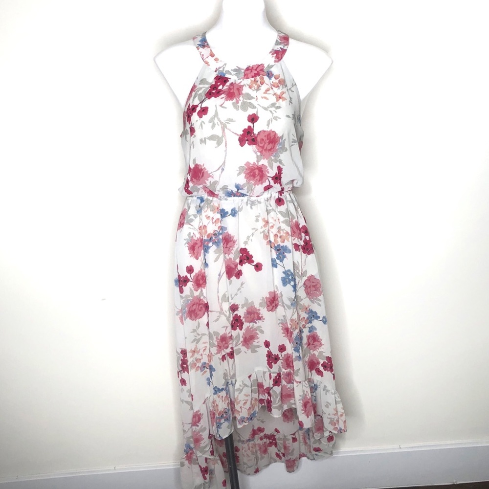 Elle White Floral Hi Low Halter Midi Dress Medium